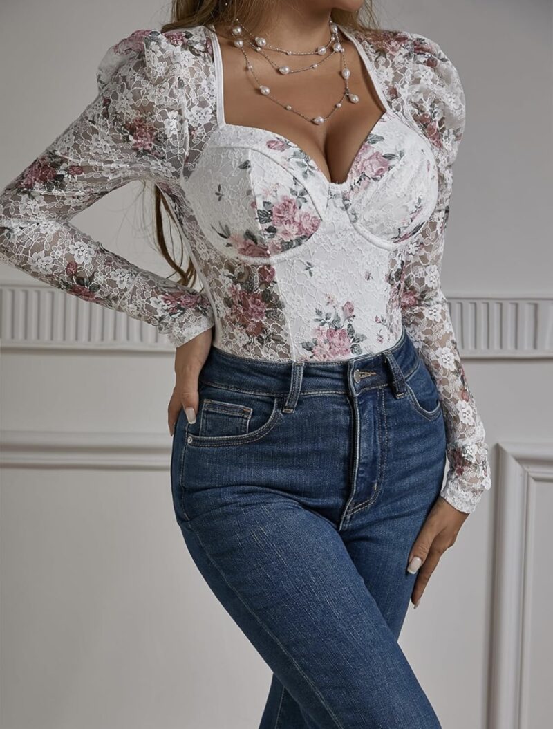 Rose to the occasion  (White Floral Lace Sheer Bodysuit with Long Puff Sleeves- Elegant Partywear)