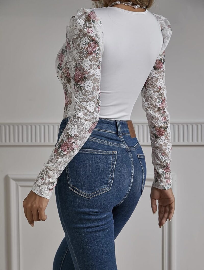 Rose to the occasion  (White Floral Lace Sheer Bodysuit with Long Puff Sleeves- Elegant Partywear) - Image 3