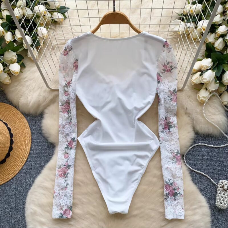 Rose to the occasion  (White Floral Lace Sheer Bodysuit with Long Puff Sleeves- Elegant Partywear) - Image 5